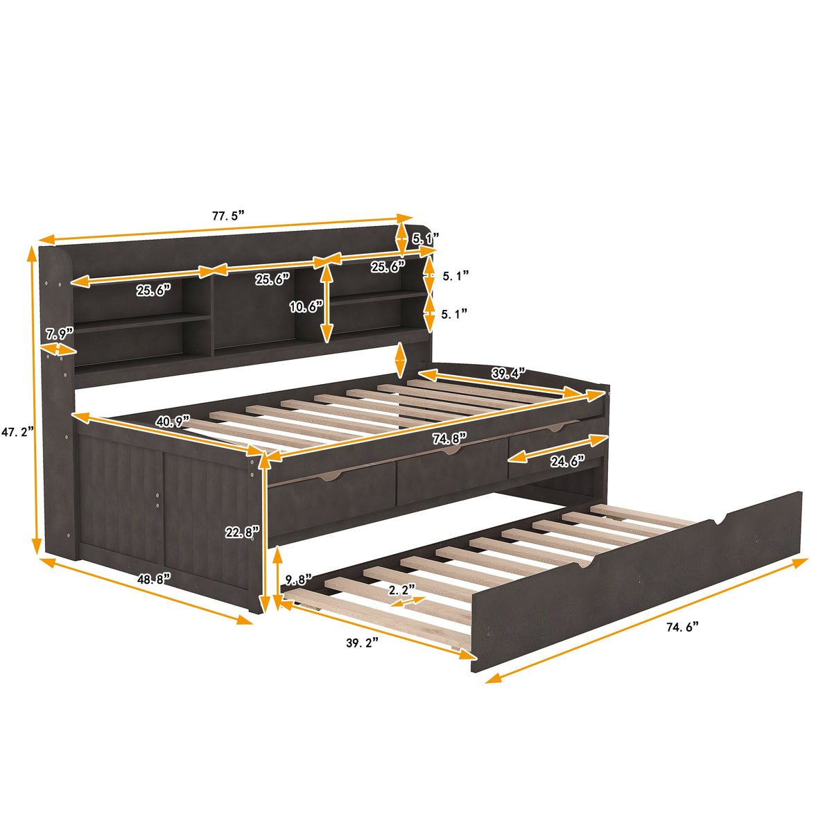 Twin Captain Bed with Bookshelf Headboard and Drawers