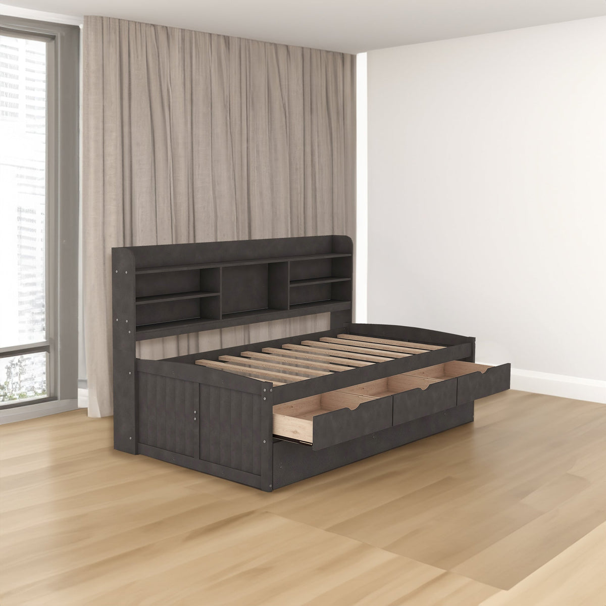 Twin Captain Bed with Bookshelf Headboard and Drawers