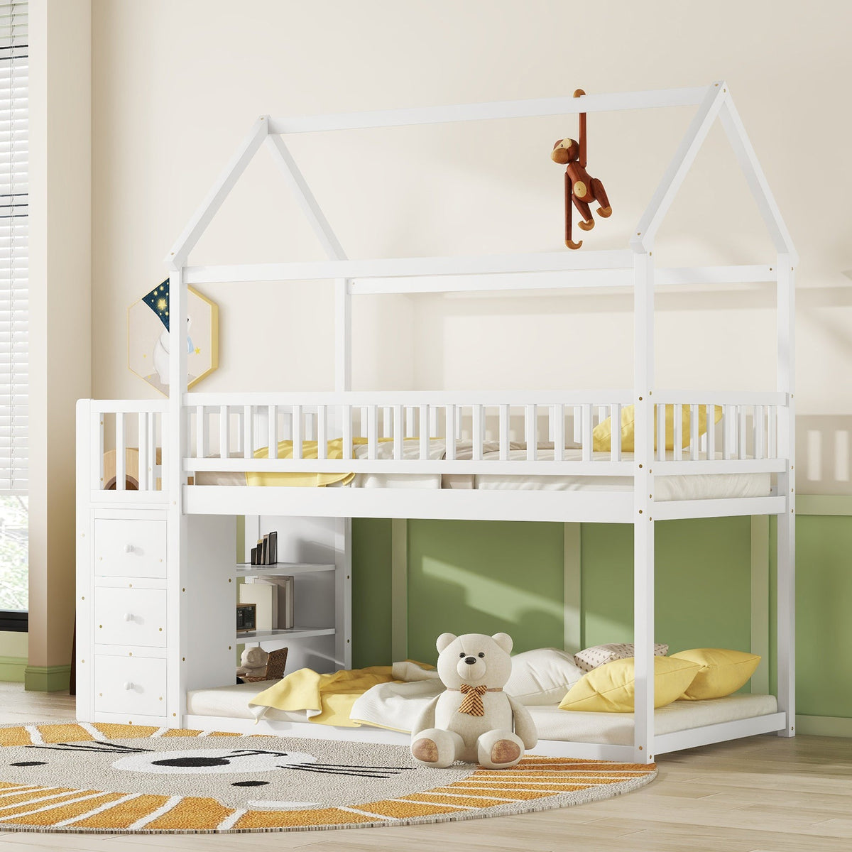 Kids Twin Bunk Bed with Drawers and Shelves, White