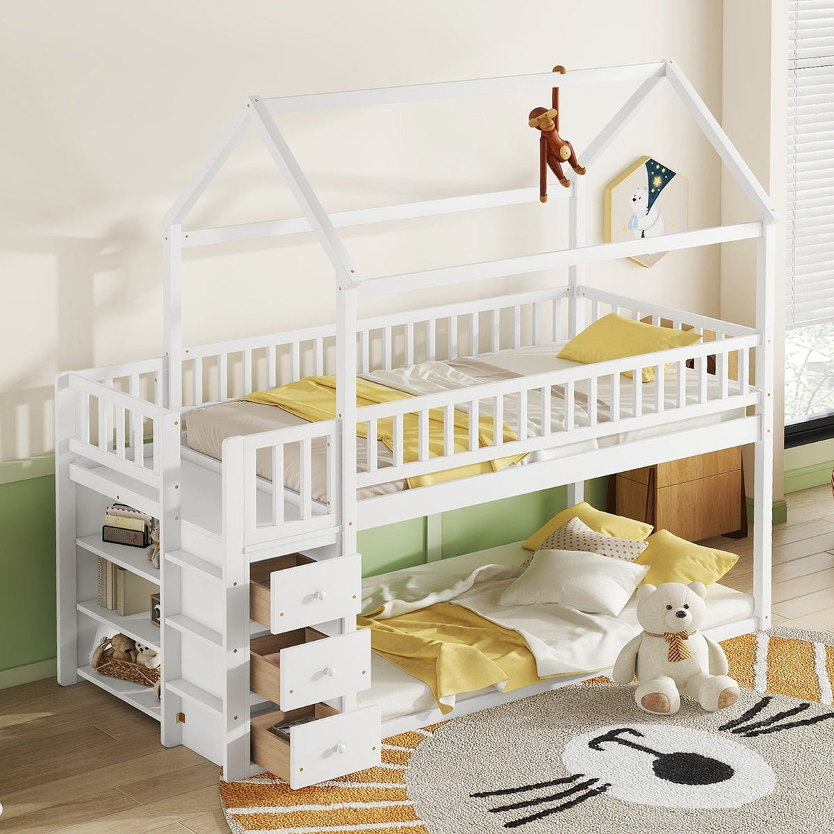 Kids Twin Bunk Bed with Drawers and Shelves, White