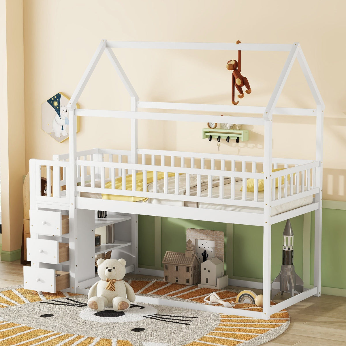 Kids Twin Bunk Bed with Drawers and Shelves, White