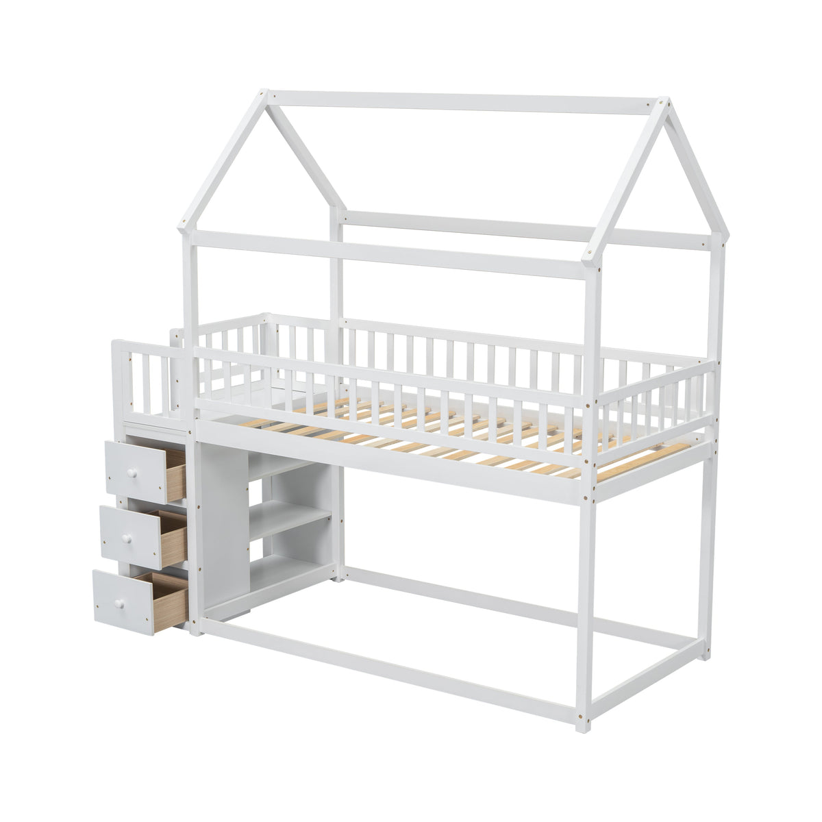 Kids Twin Bunk Bed with Drawers and Shelves, White