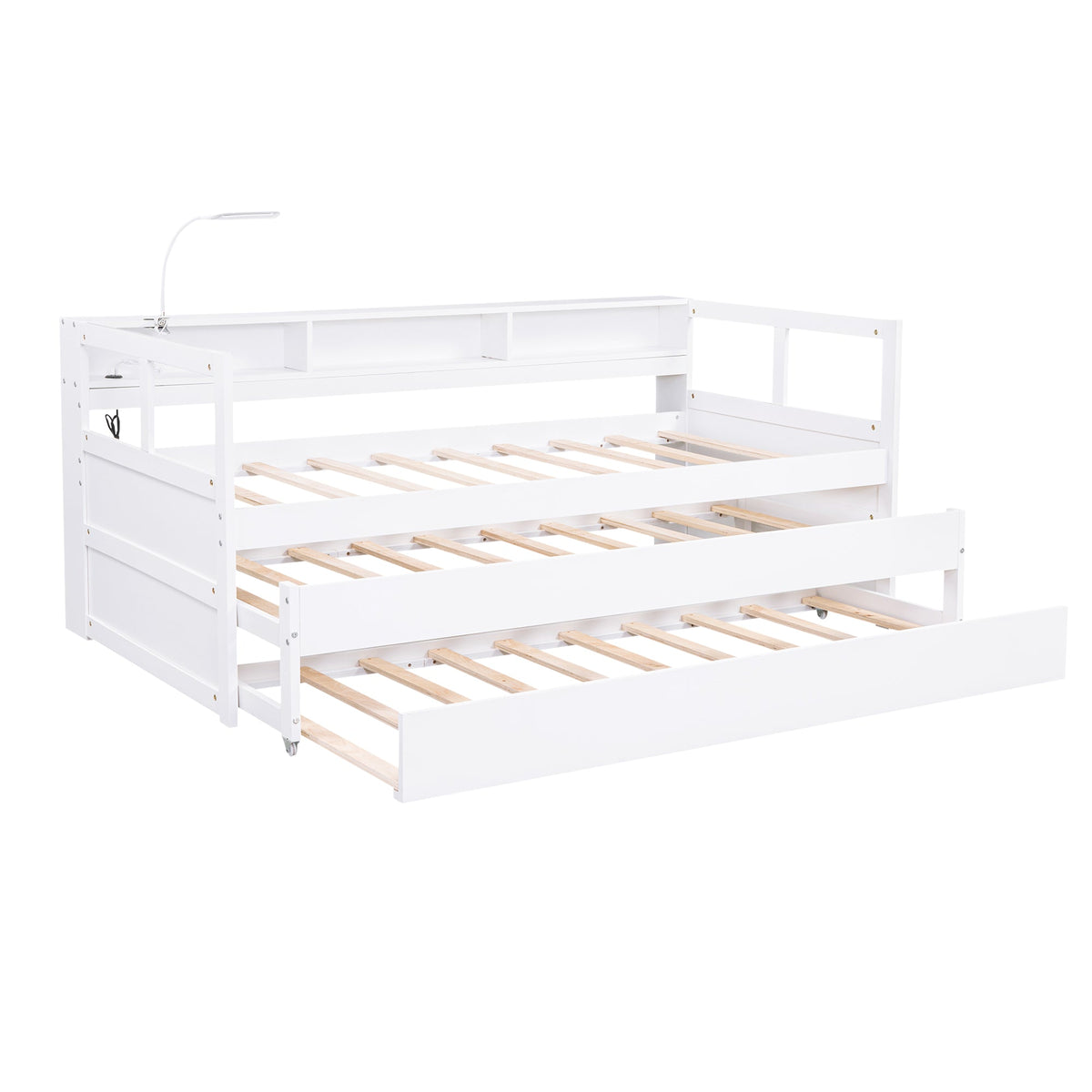 Twin XL Wood Daybed with 2 Trundles and Storage Shelf