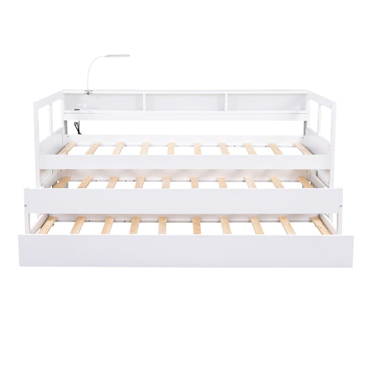 Twin XL Wood Daybed with 2 Trundles and Storage Shelf