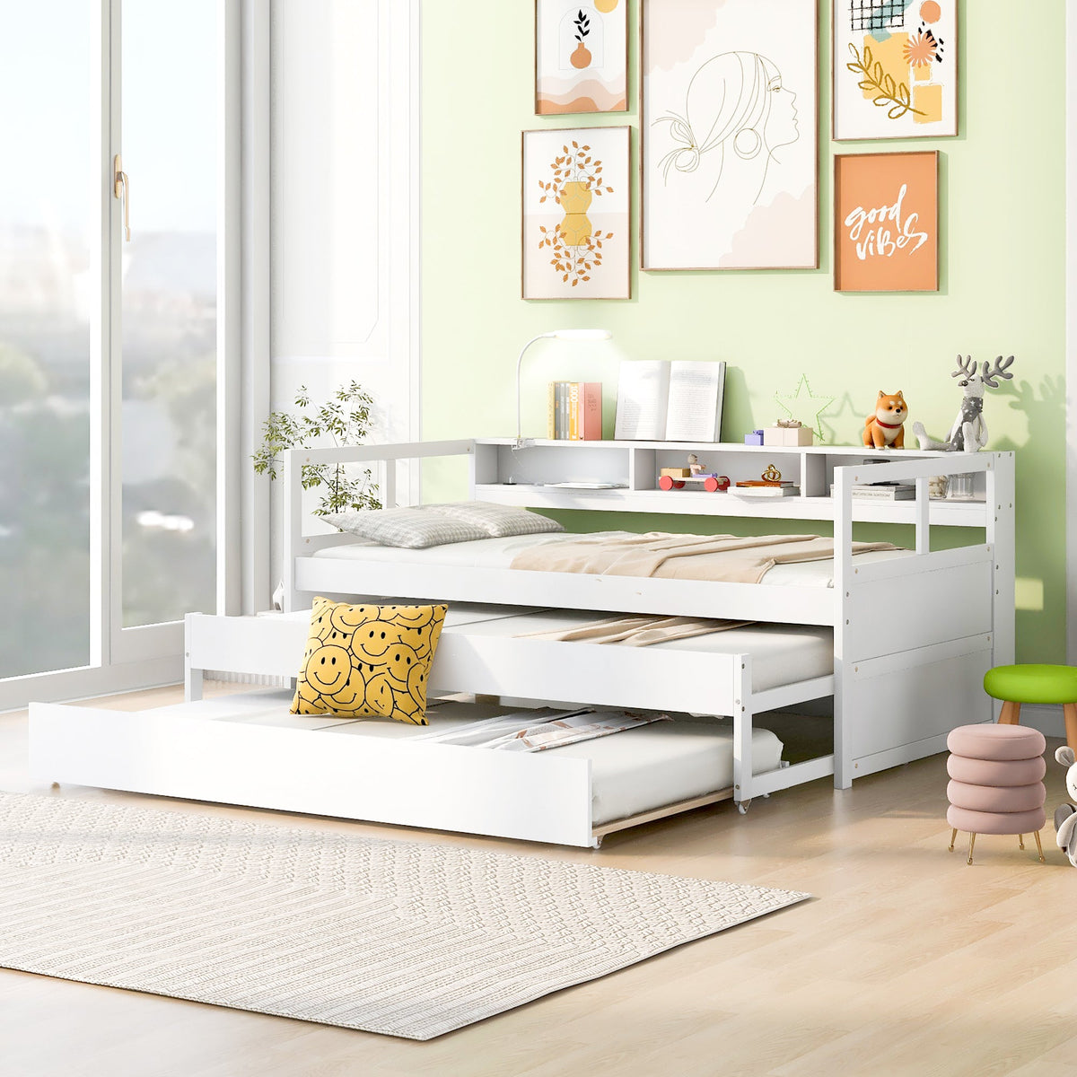 Twin XL Wood Daybed with 2 Trundles and Storage Shelf