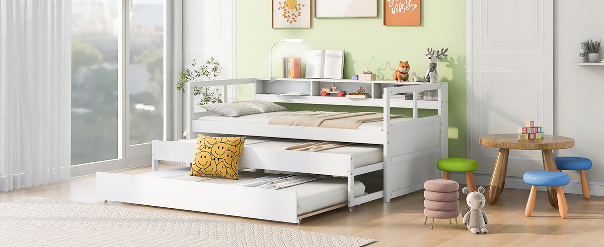 Twin XL Wood Daybed with 2 Trundles and Storage Shelf