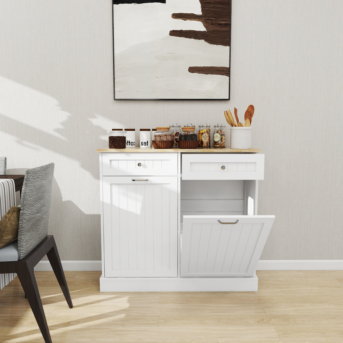 Tilt-Out Kitchen Trash Cabinet with Drawers, White