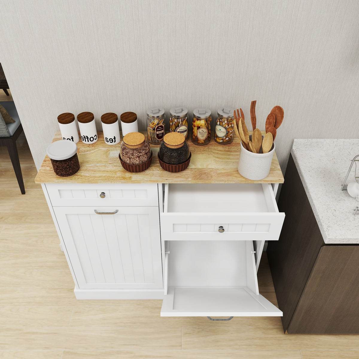 Tilt-Out Kitchen Trash Cabinet with Drawers, White