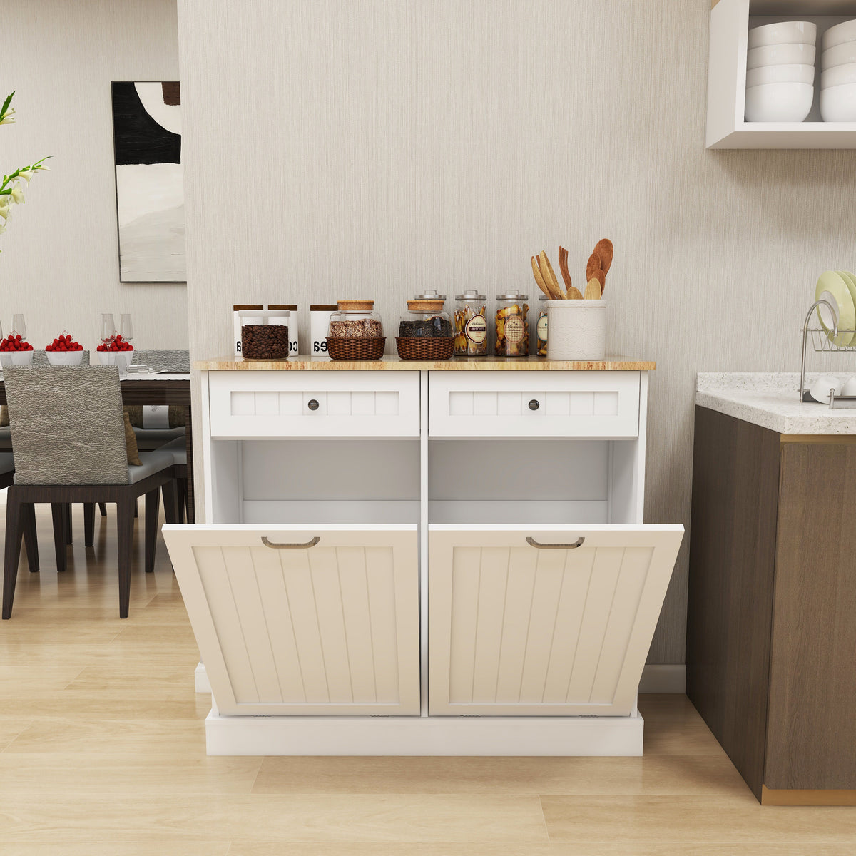 Tilt-Out Kitchen Trash Cabinet with Drawers, White