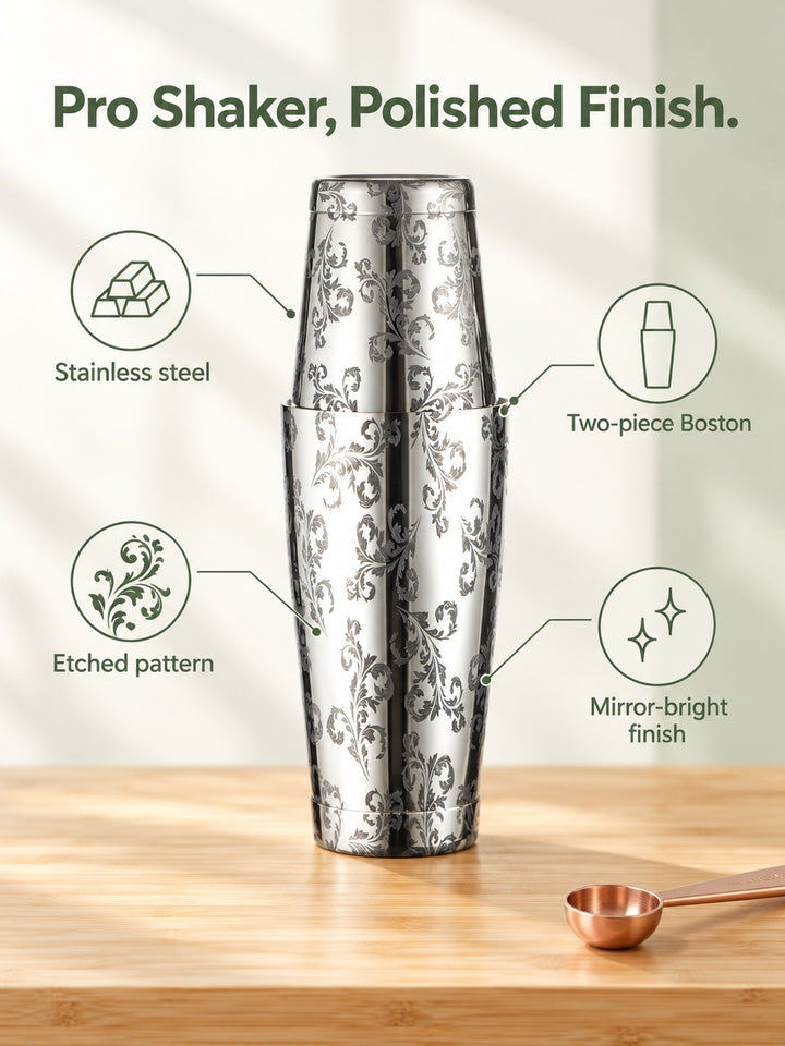 Two-Piece Boston Cocktail Shaker, Etched Stainless Steel