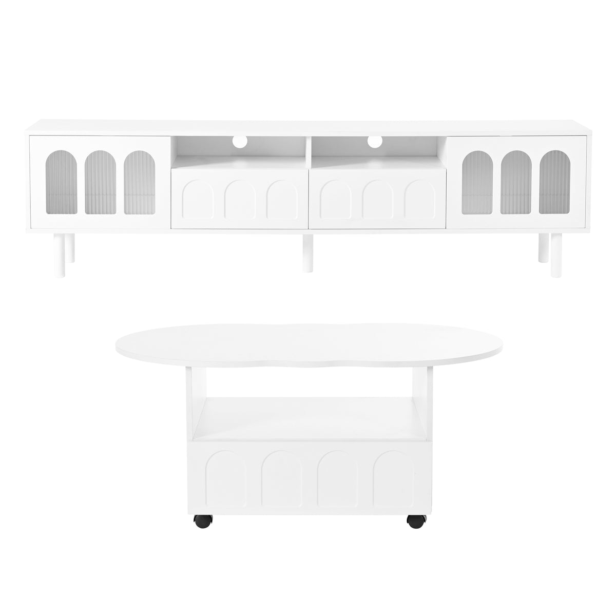 Cream TV Stand and Coffee Table Set with Cable Holes