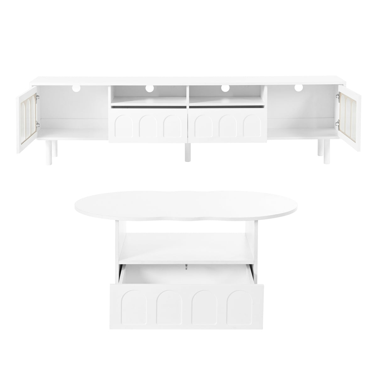 Cream TV Stand and Coffee Table Set with Cable Holes