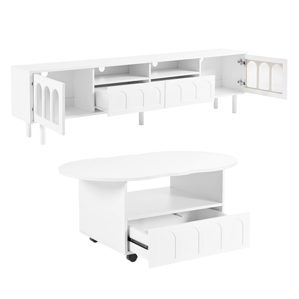 Cream TV Stand and Coffee Table Set with Cable Holes