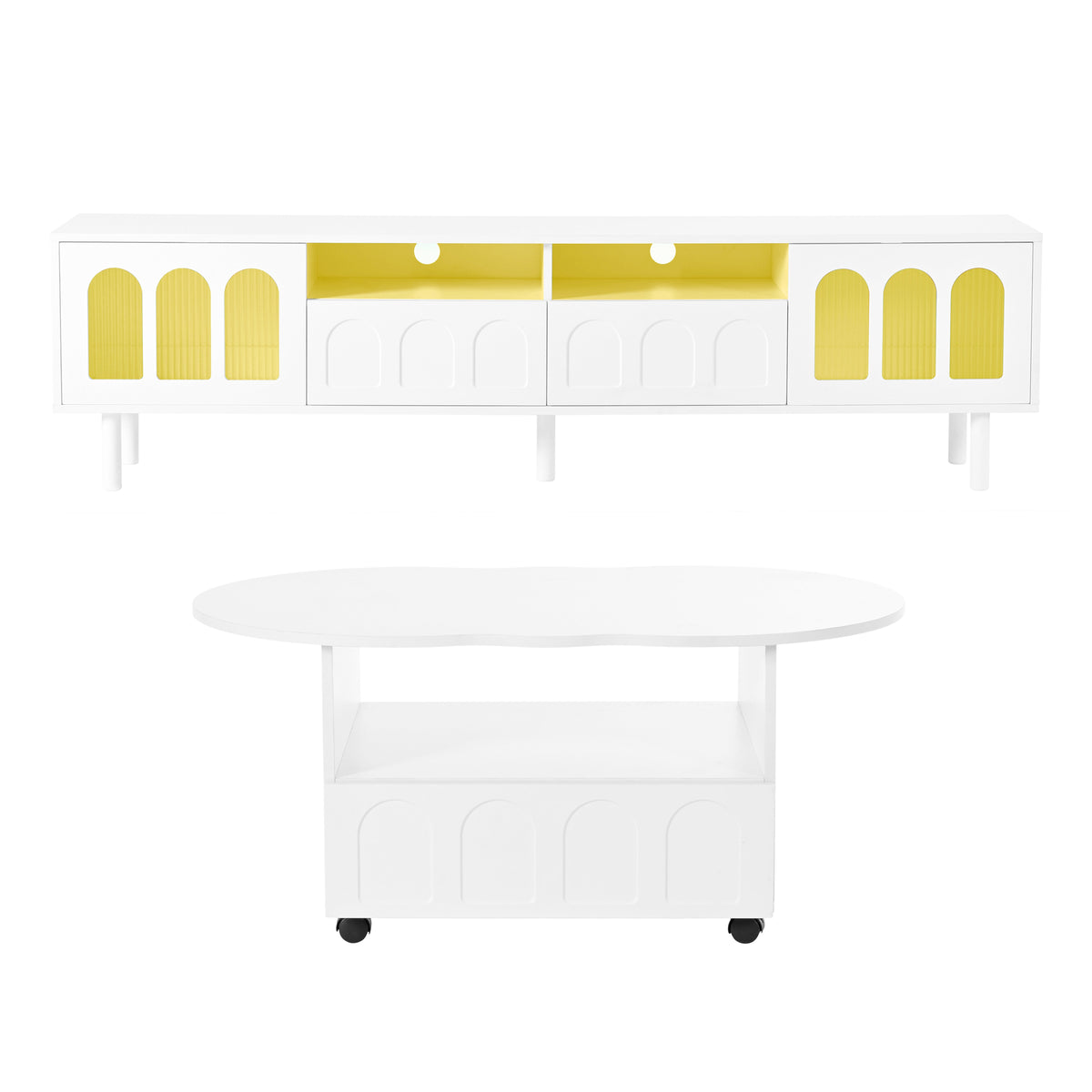 Cream TV Stand and Coffee Table Set with Cable Holes