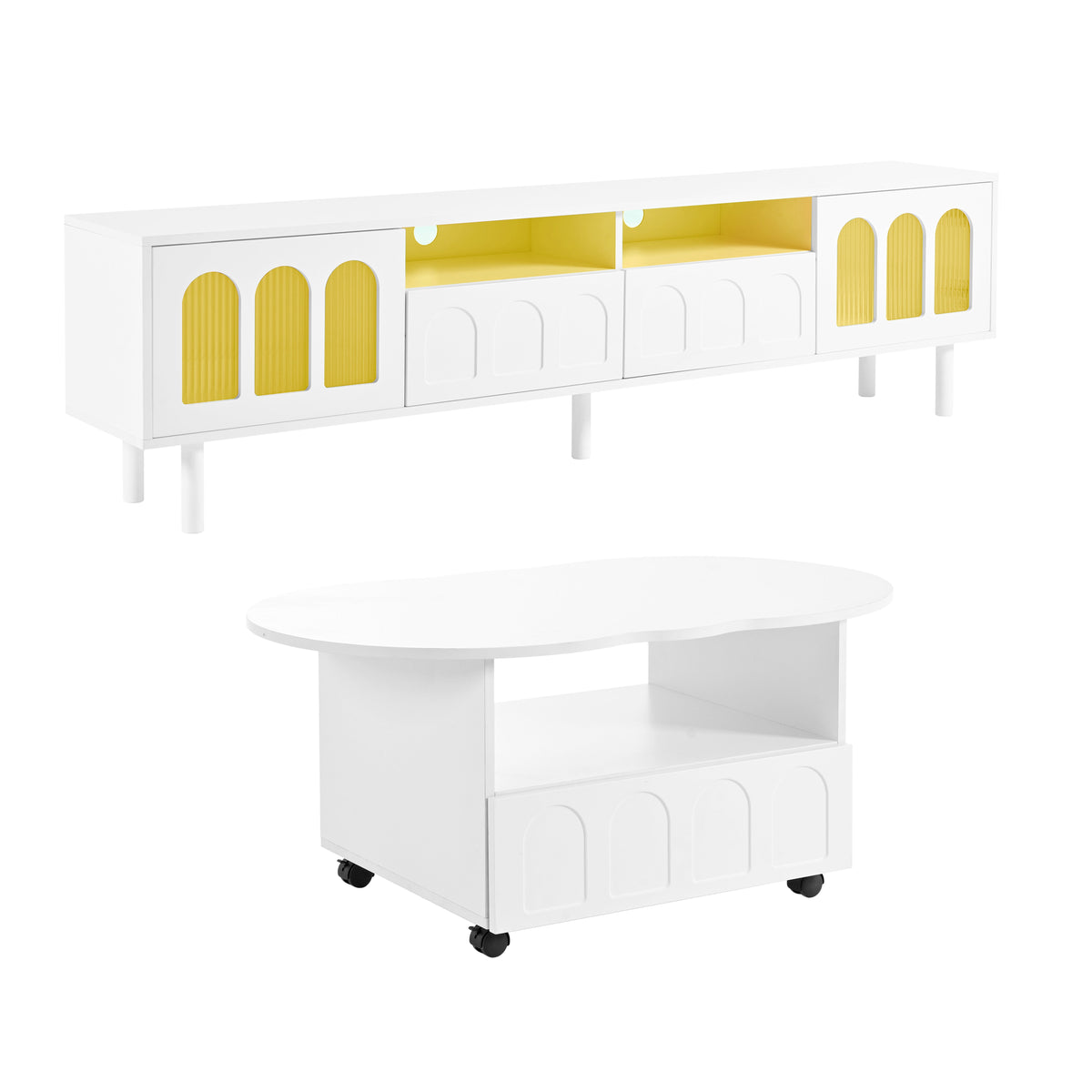 Cream TV Stand and Coffee Table Set with Cable Holes