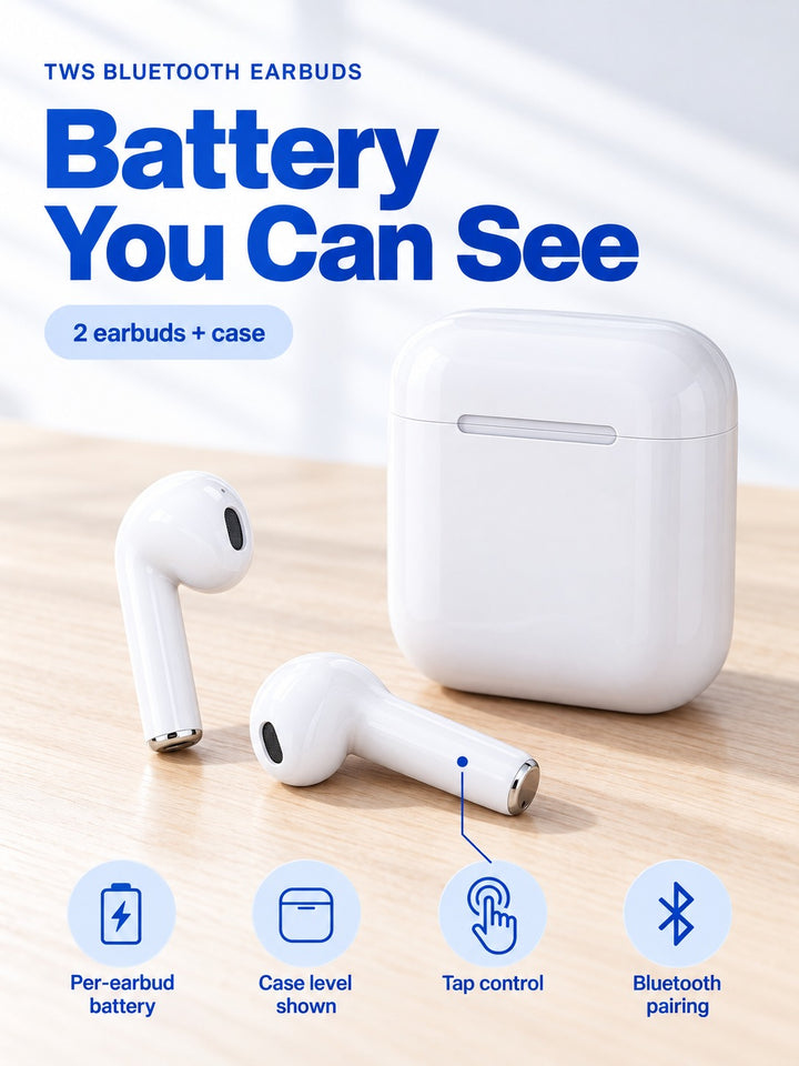 TWS Bluetooth Earbuds with Battery Display & Tap Control