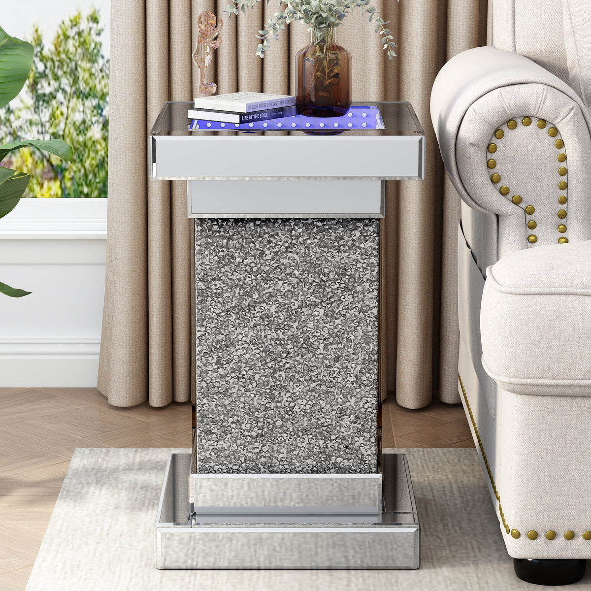 Silver Mirrored Crystal Side Table with LED Lights