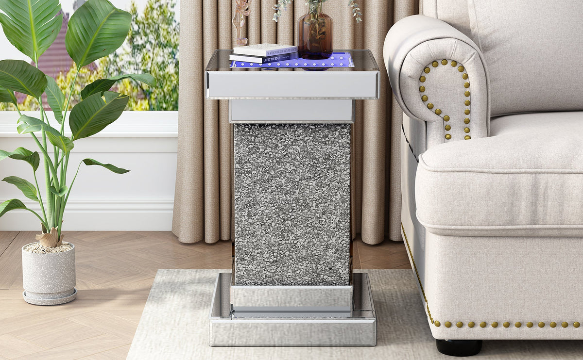 Silver Mirrored Crystal Side Table with LED Lights