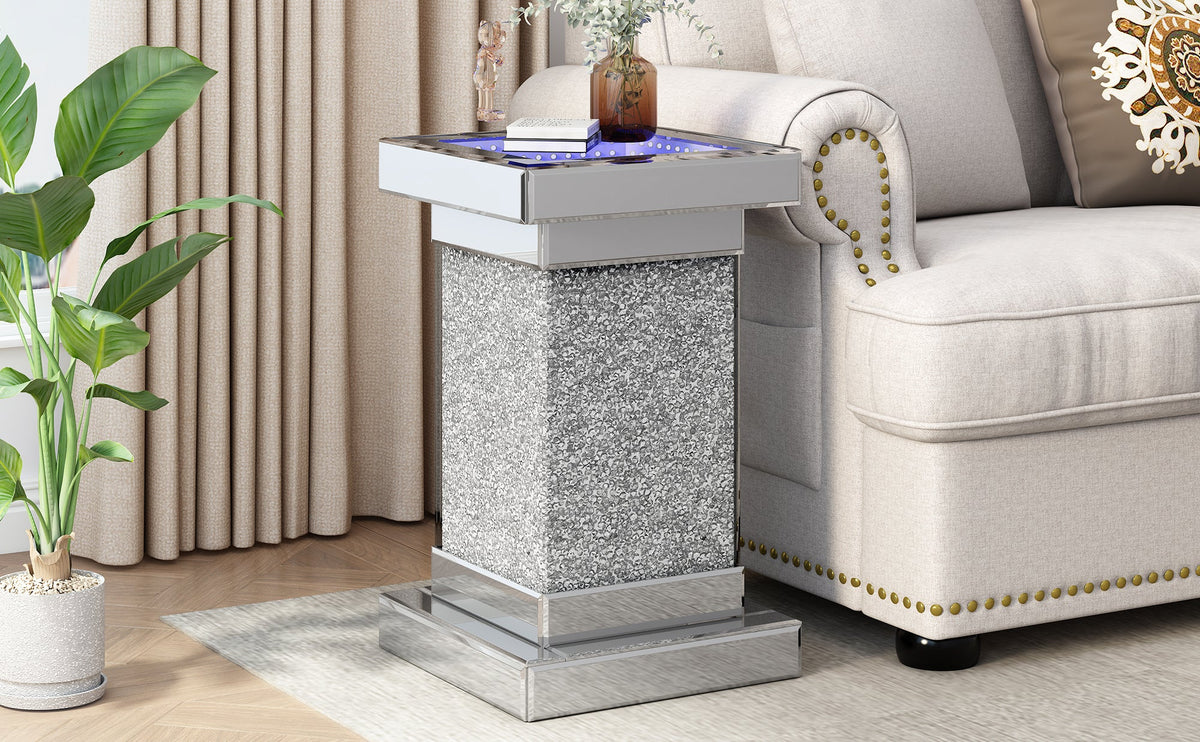 Silver Mirrored Crystal Side Table with LED Lights
