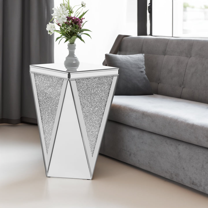 Mirrored Silver End Table with Crushed Diamond Accents