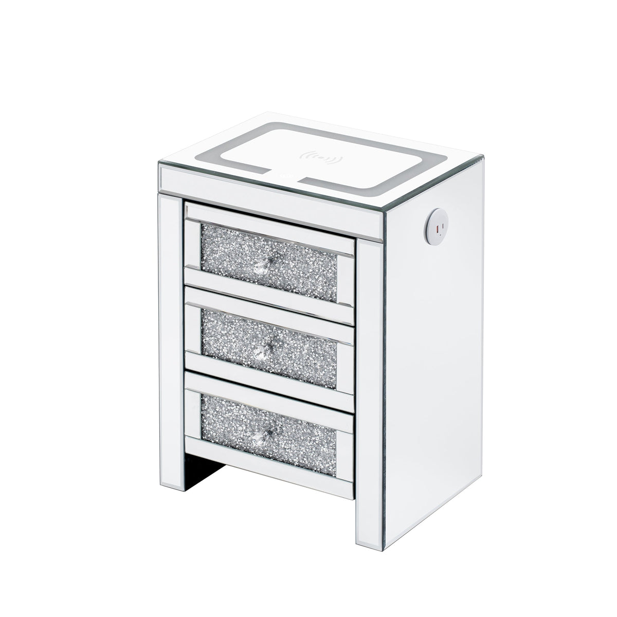 Mirrored Nightstand with Wireless Charging & LED Light