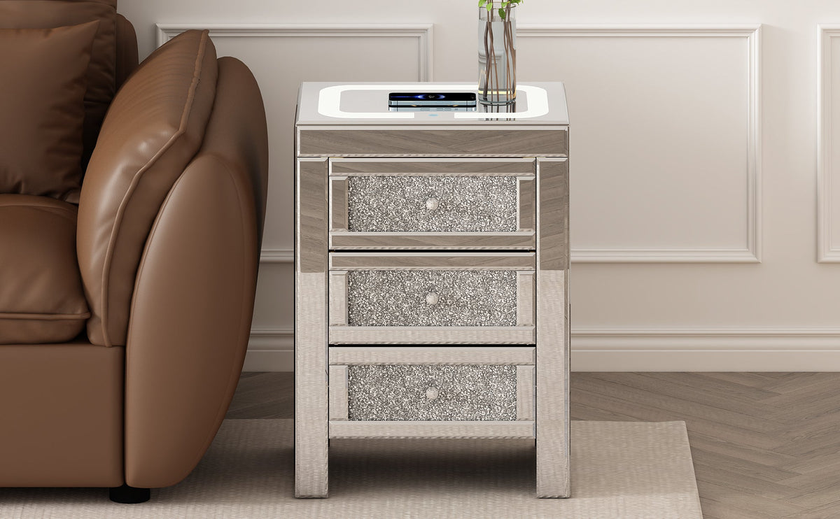 Mirrored Nightstand with Wireless Charging & LED Light