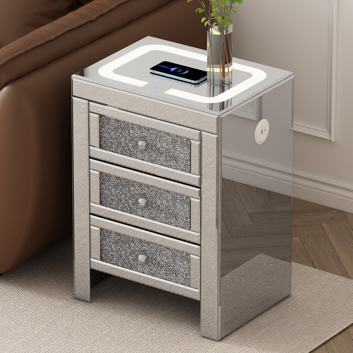 Mirrored Nightstand with Wireless Charging & LED Light