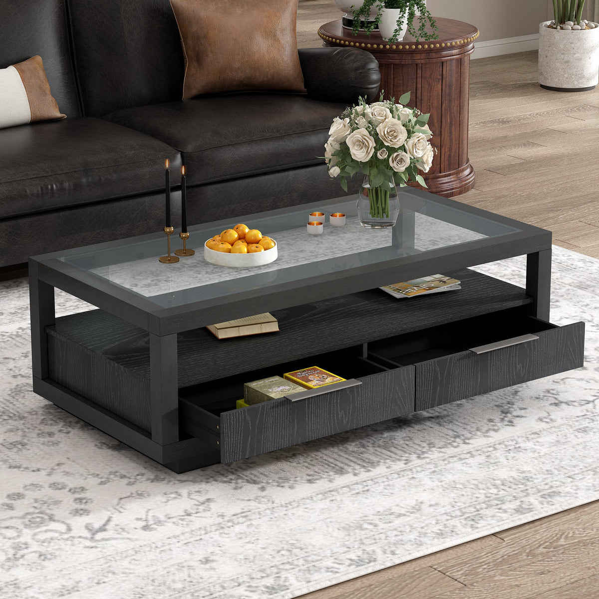 Modern Coffee Table with Drawers and Glass Top