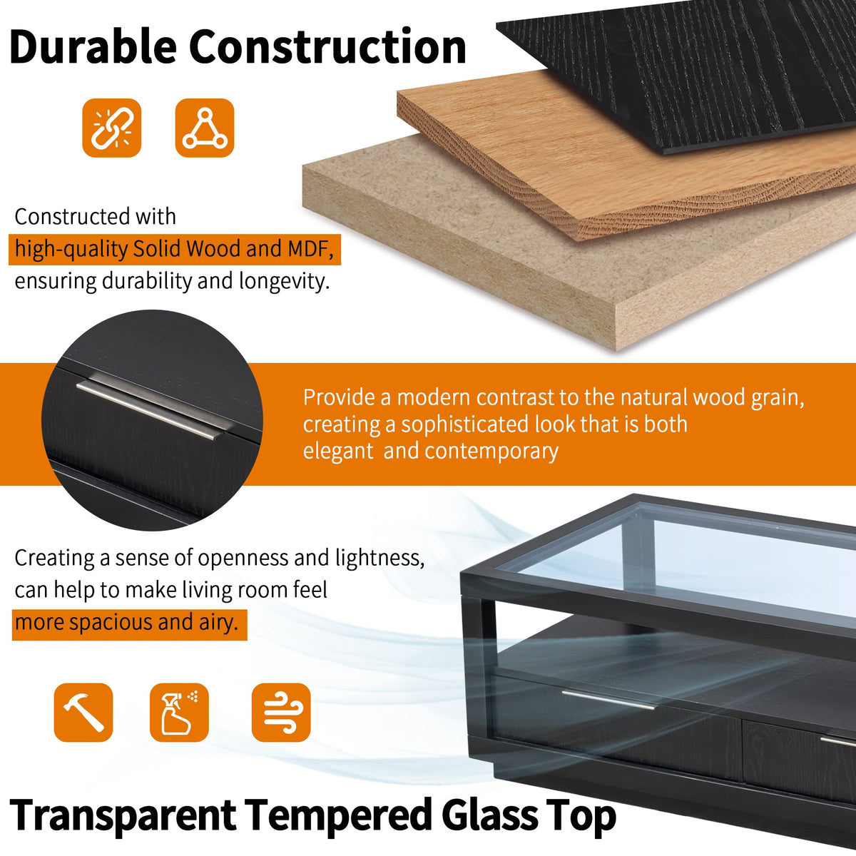 Modern Coffee Table with Drawers and Glass Top