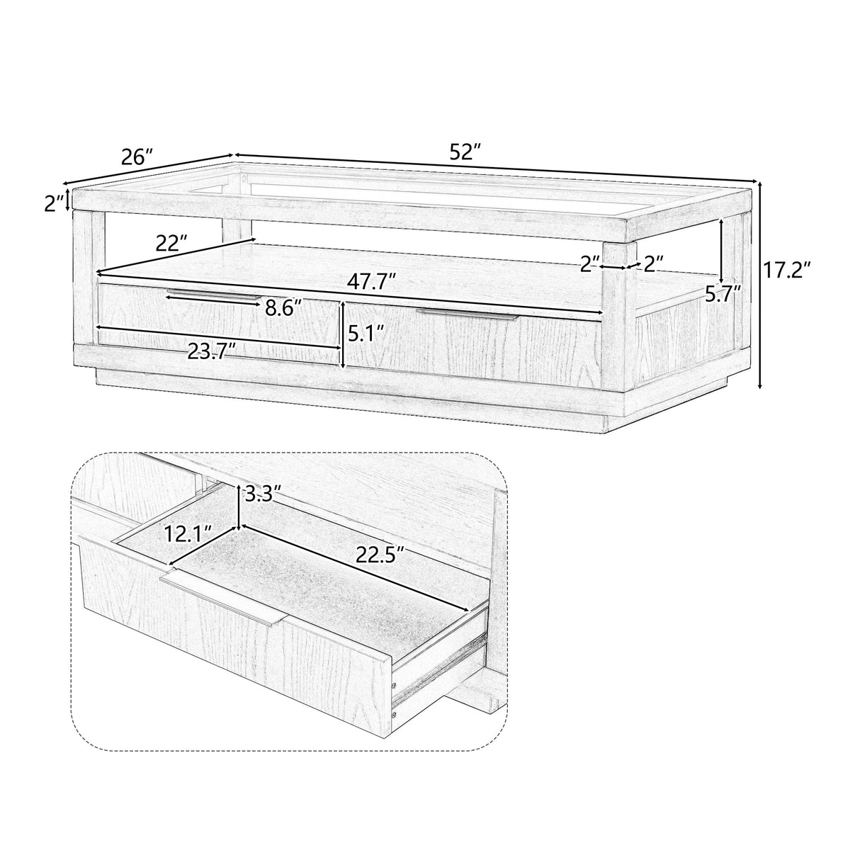 Modern Coffee Table with Drawers and Glass Top