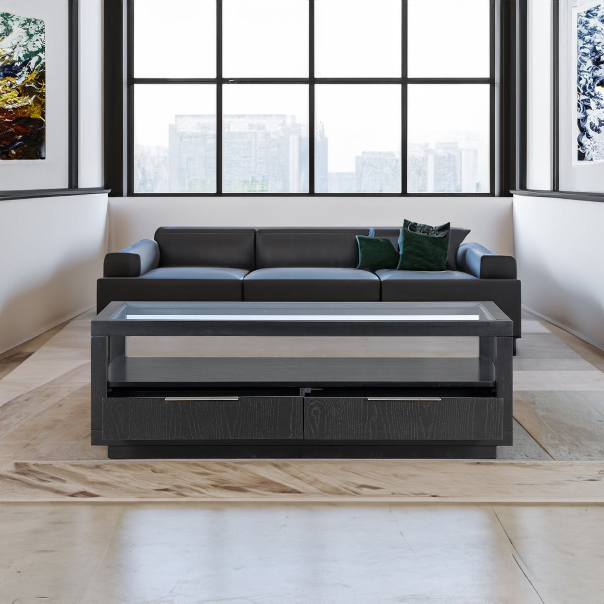 Modern Coffee Table with Drawers and Glass Top