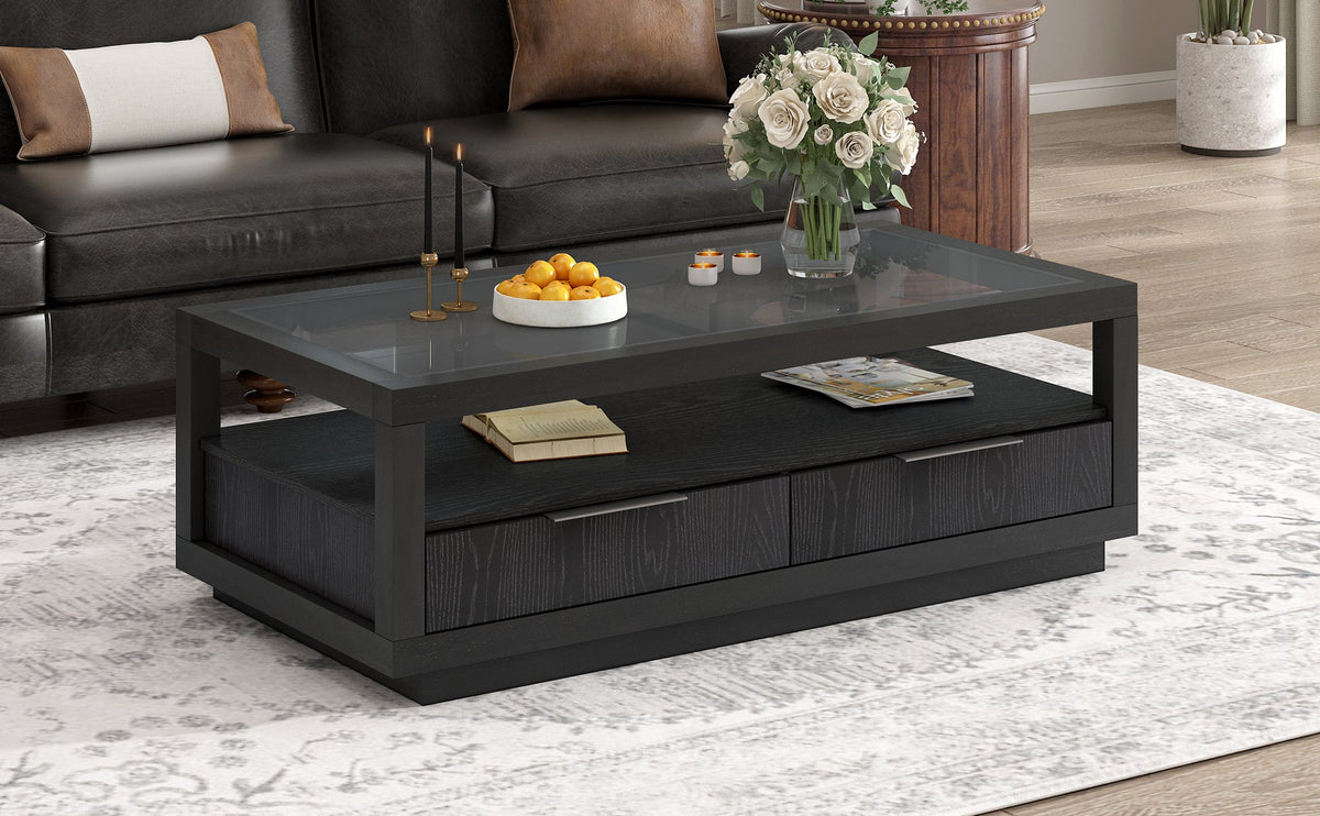 Modern Coffee Table with Drawers and Glass Top