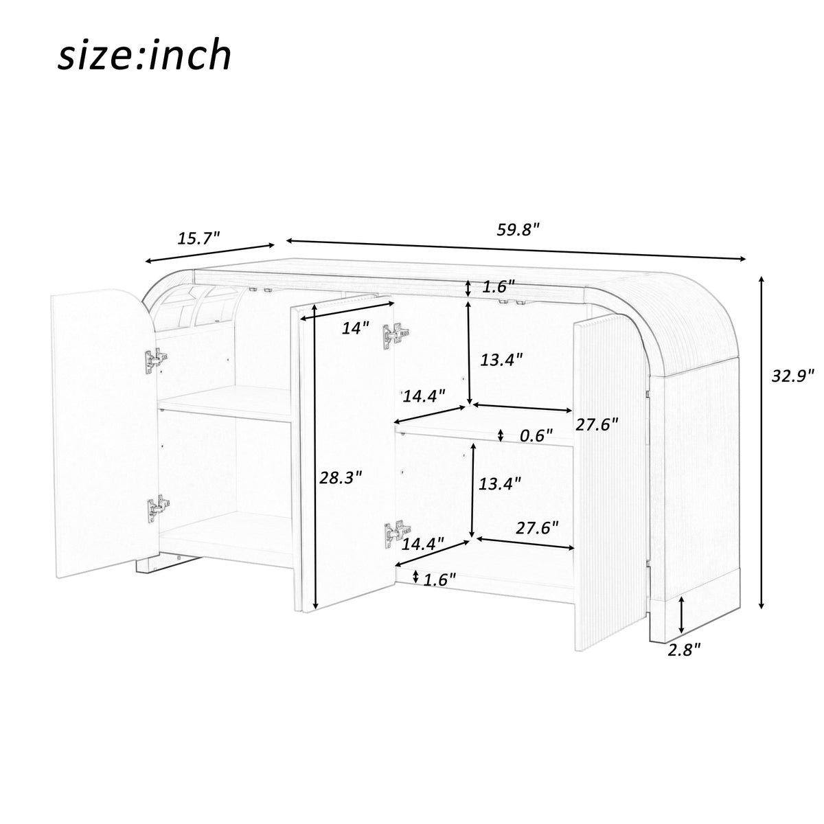 Curved Fluted Door Sideboard Buffet With Adjustable Shelves