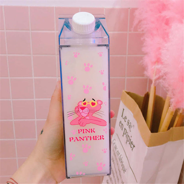 Cute Pink Panther Milk Carton Water Bottle for Drinks