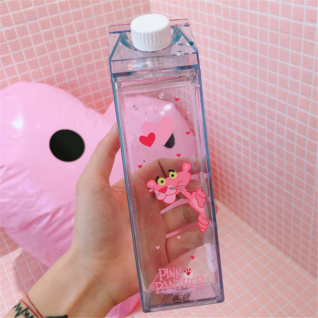 Cute Pink Panther Milk Carton Water Bottle for Drinks