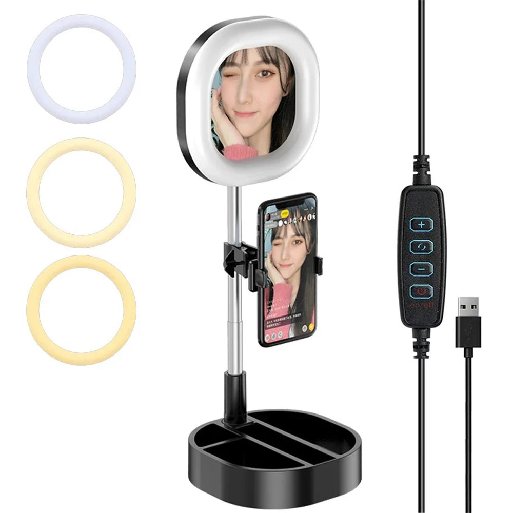 Selfie Ring Light with Mirror, Phone Holder & Stand