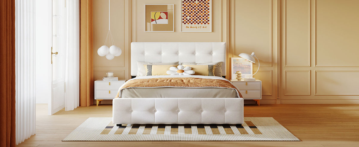 Queen Upholstered Platform Bed with 4 Storage Drawers