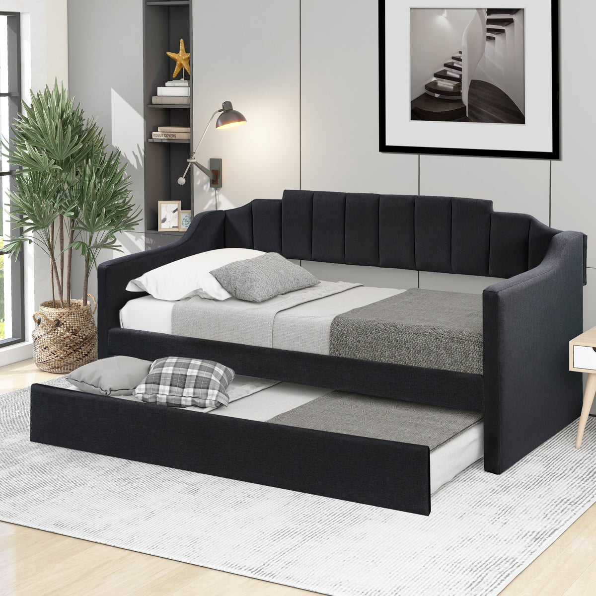 Twin Daybed with Trundle: Black Upholstered Sofa Bed