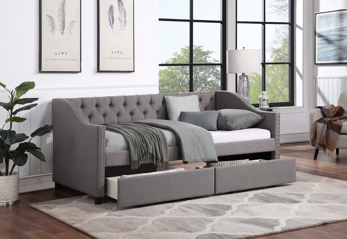 Tufted Gray Daybed with Storage Drawers for Small Spaces