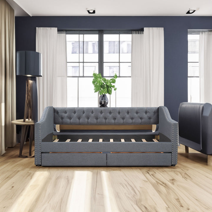 Tufted Gray Daybed with Storage Drawers for Small Spaces