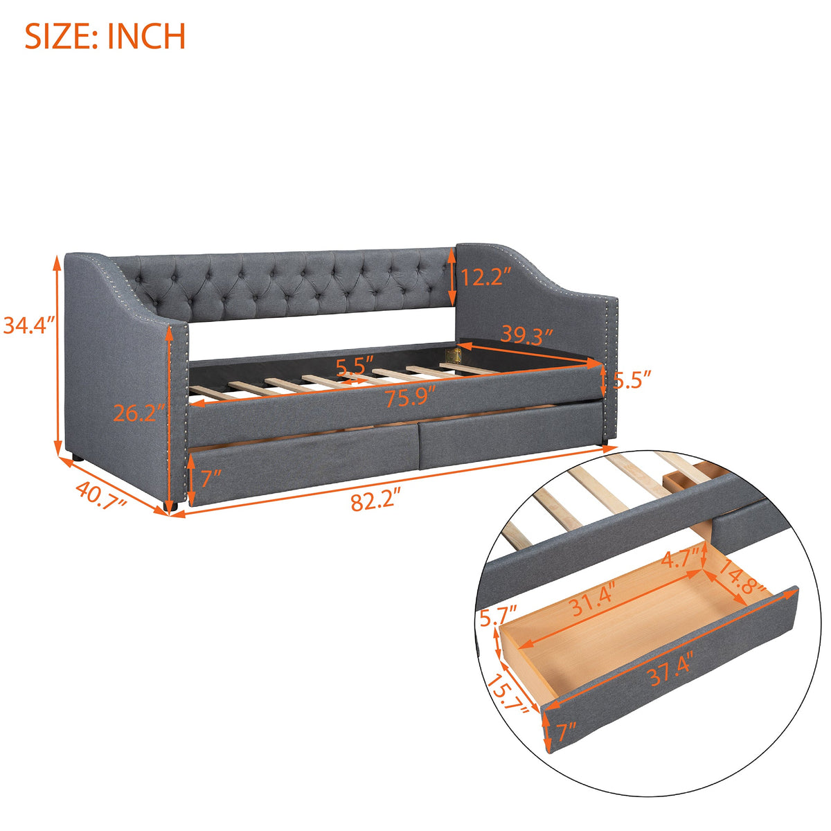 Tufted Gray Daybed with Storage Drawers for Small Spaces