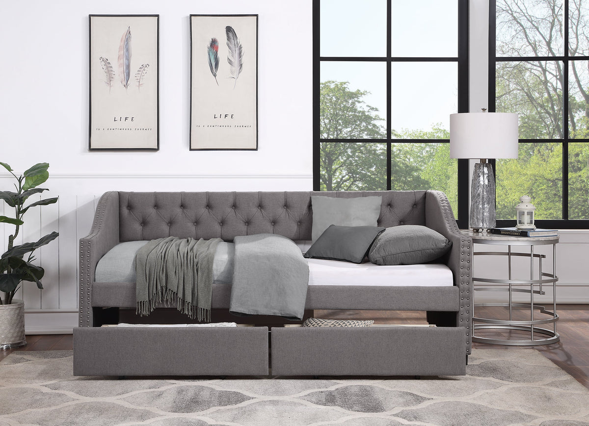 Tufted Gray Daybed with Storage Drawers for Small Spaces
