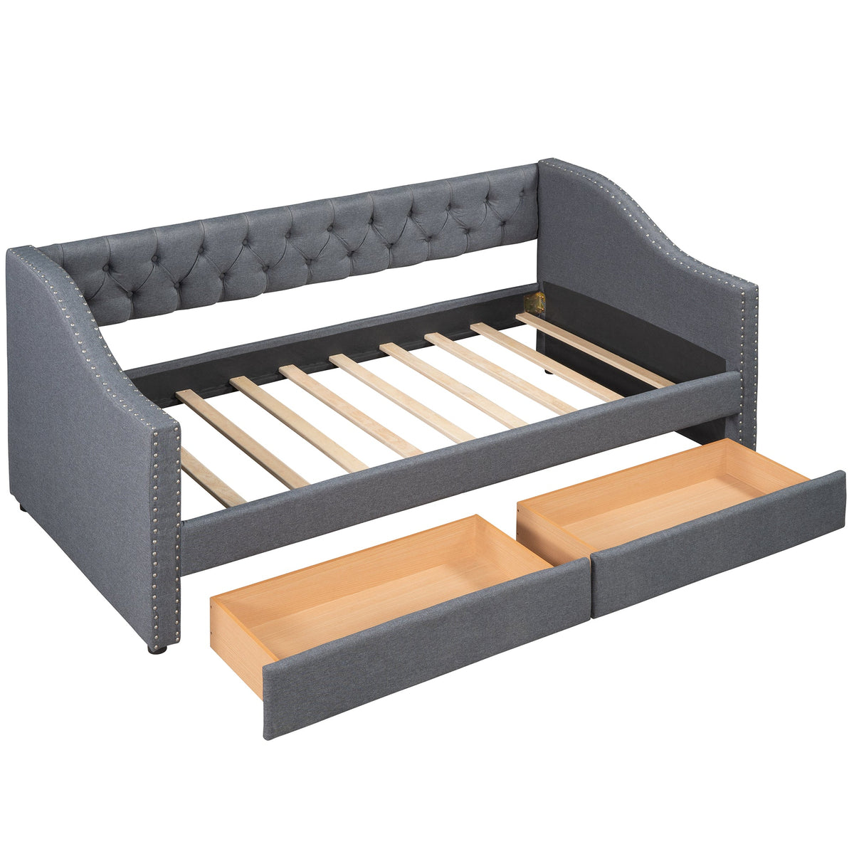 Tufted Gray Daybed with Storage Drawers for Small Spaces