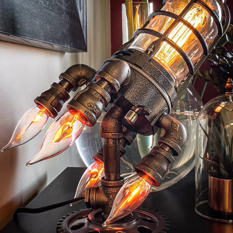 Steampunk Rocket Lamp - Warm Industrial Desk Light