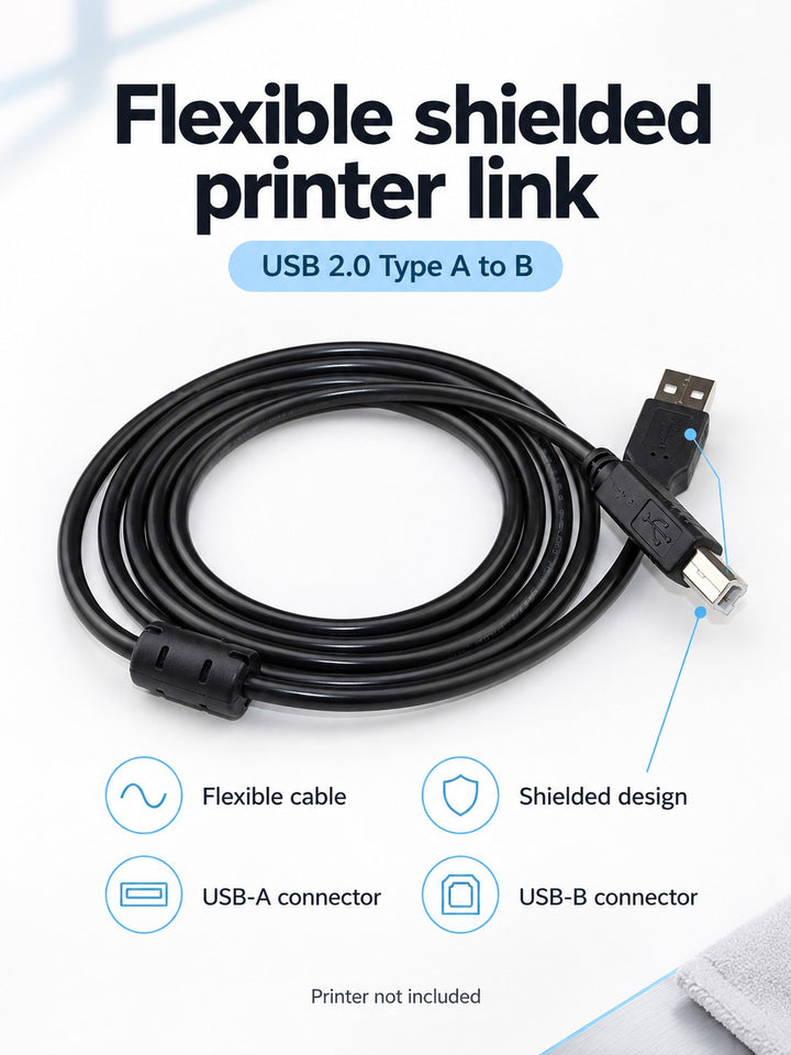 USB 2.0 Printer Cable Type A to B, Shielded & Flexible