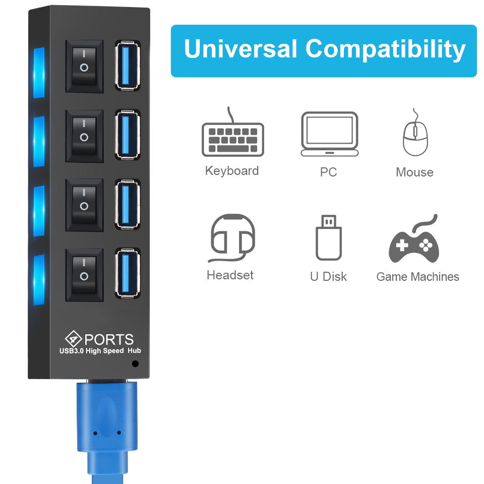4-Port USB 3.0 Hub with Individual On/Off Switches