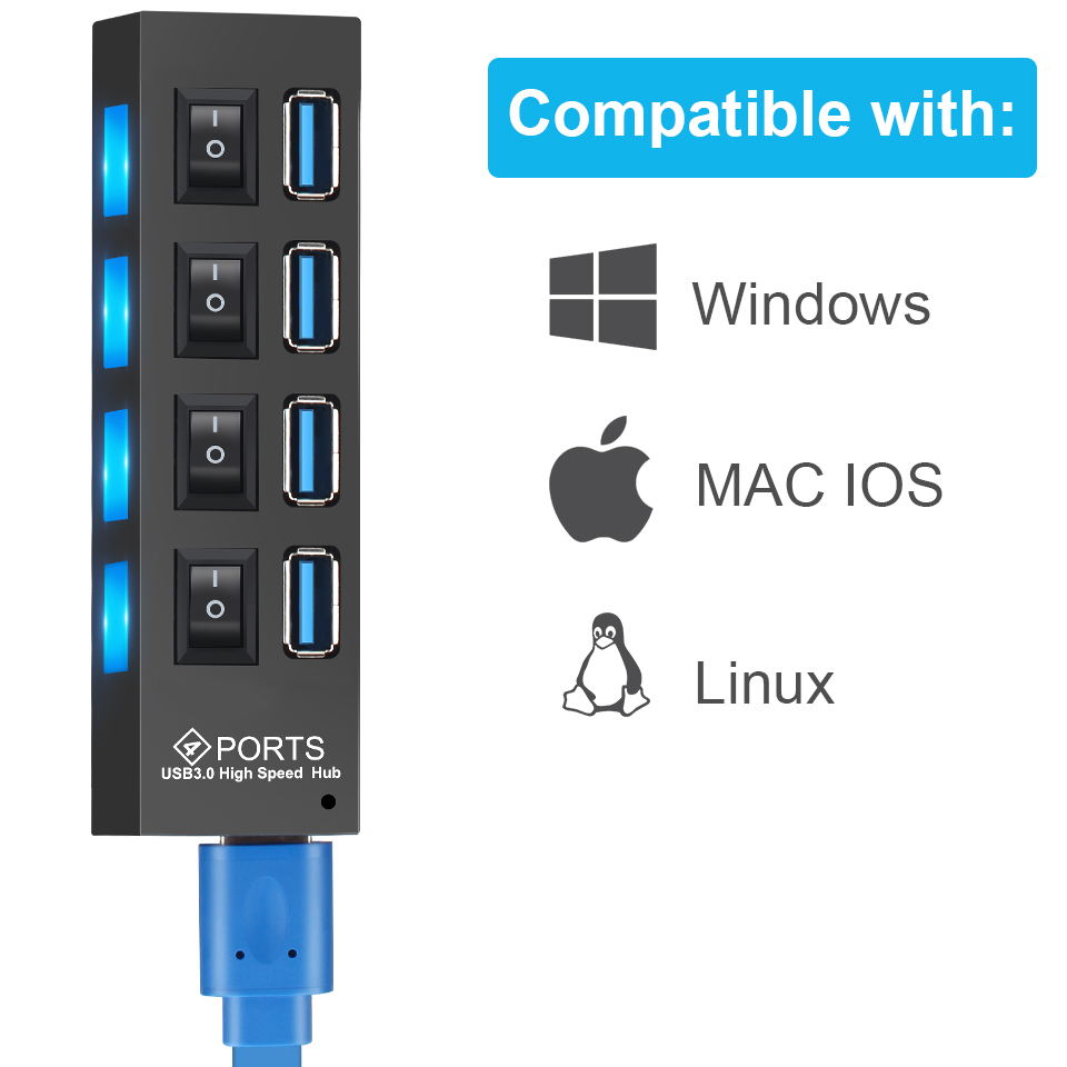 4-Port USB 3.0 Hub with Individual On/Off Switches
