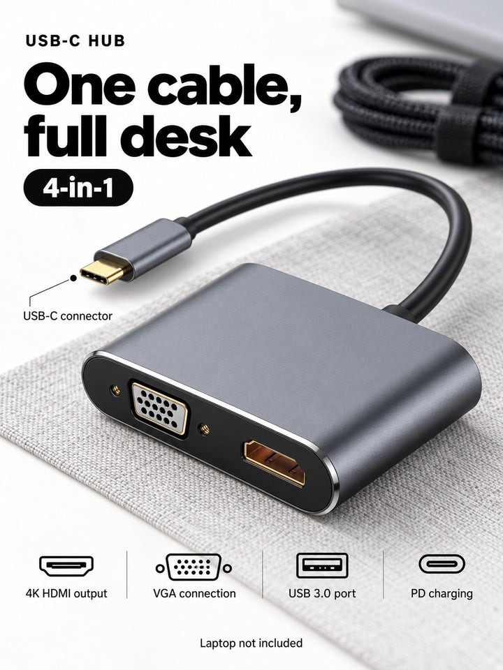USB-C Hub 4-in-1: 4K HDMI, VGA, USB 3.0 & PD Charging