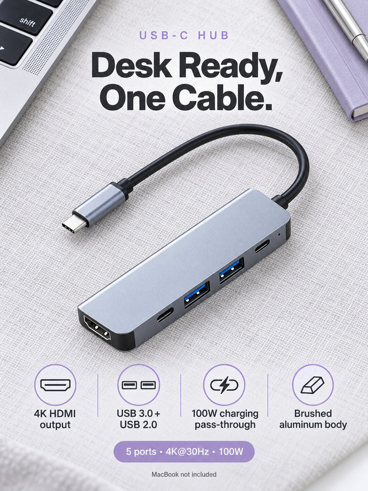 USB-C Hub 4K HDMI, USB 3.0 & 100W Charging for MacBook