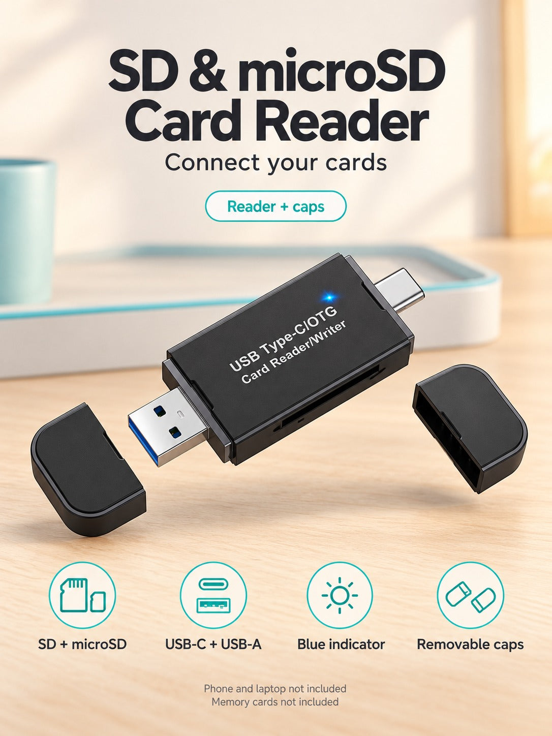 USB-C & USB 3.0 SD microSD Card Reader for Phones & Laptops